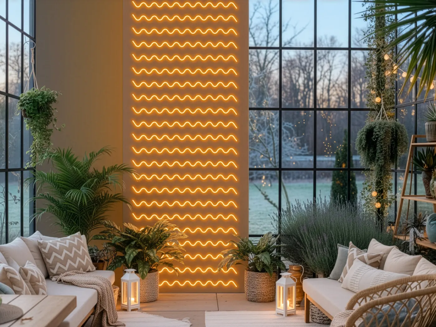 Parete riscaldata Heat Wall accesa in una veranda, con il circuito riscaldante illuminato