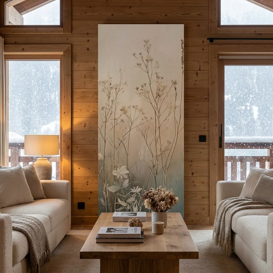 Parete Heat Wall con finitura decorativa in un soggiorno rivestito in legno