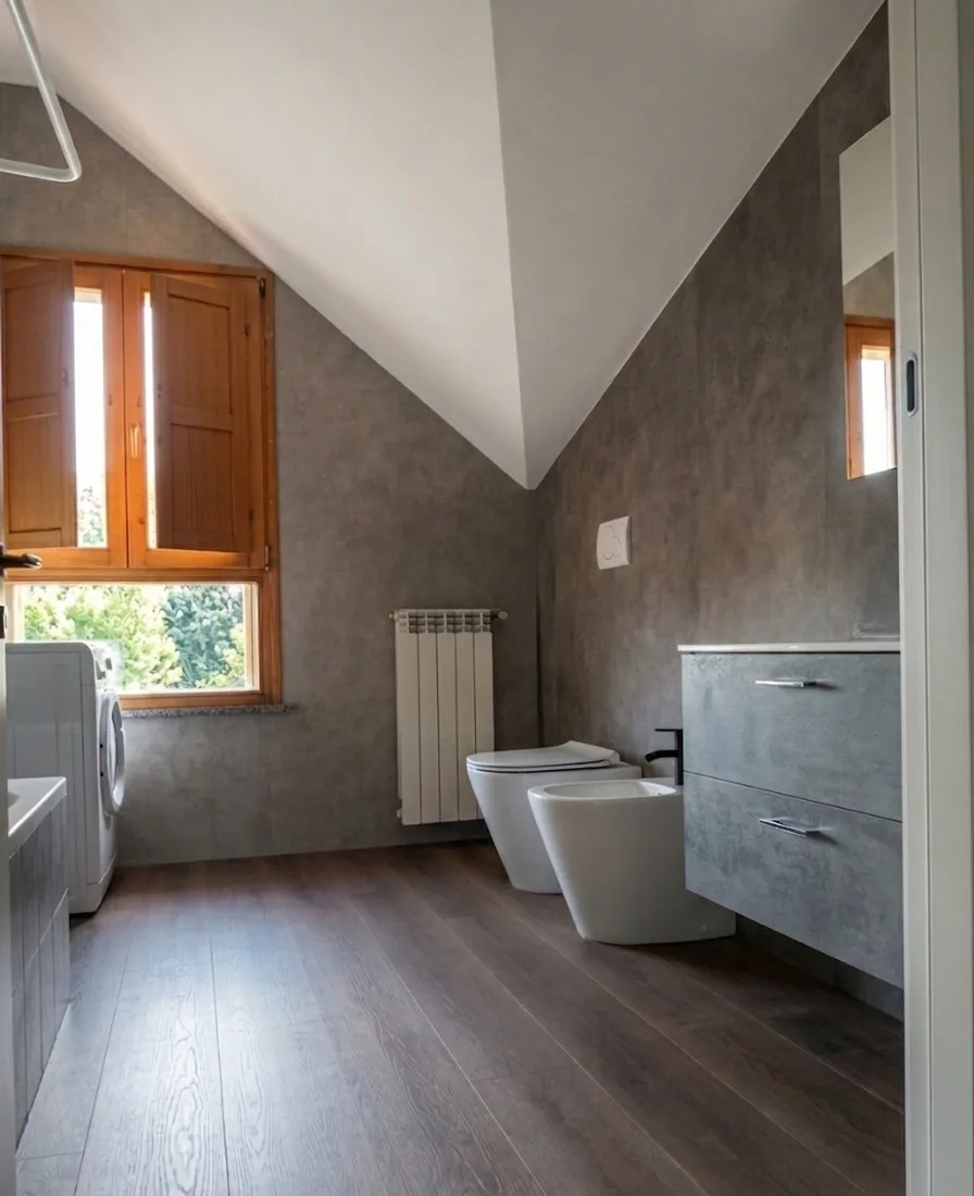 Lo stesso bagno dopo l'intervento: pareti con rivestimento continuo grigio, pavimento effetto legno scuro e mobile sospeso